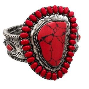 Red Howlite Stone Silver Bracelet | Bold Western Statement Bracelet